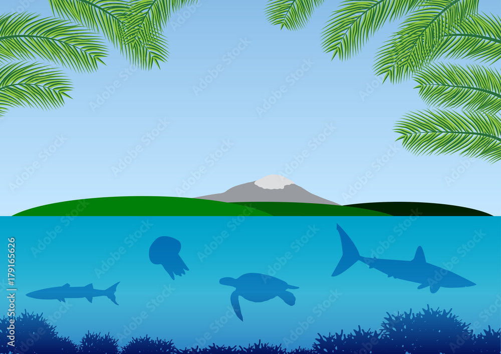 Подводный мир южного моря с островом и горами и ветвями пальмы, фон для  рекламного дизайна туризма Stock Vector | Adobe Stock