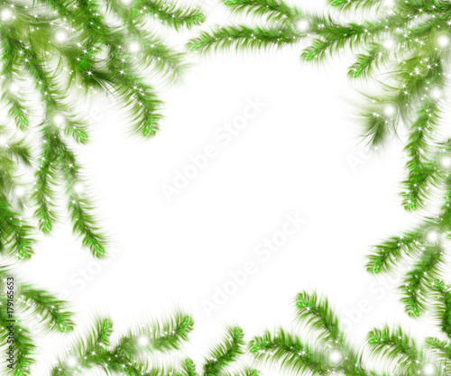 Christmas tree branches and space for text. Realistic fir-tree border, frame isolated on white