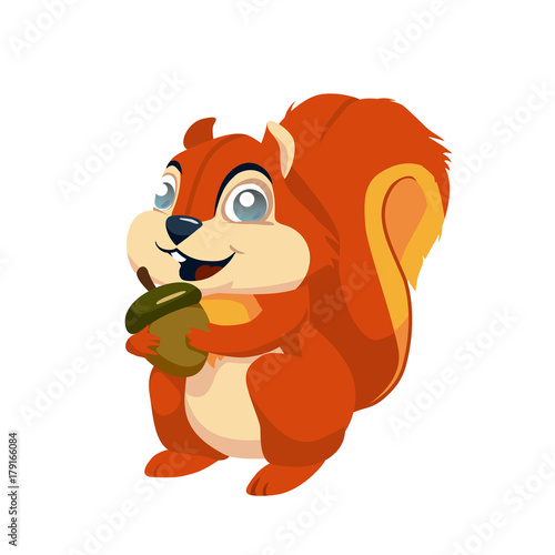 funny cartoon squirrel holding in its paws an acorn. vector