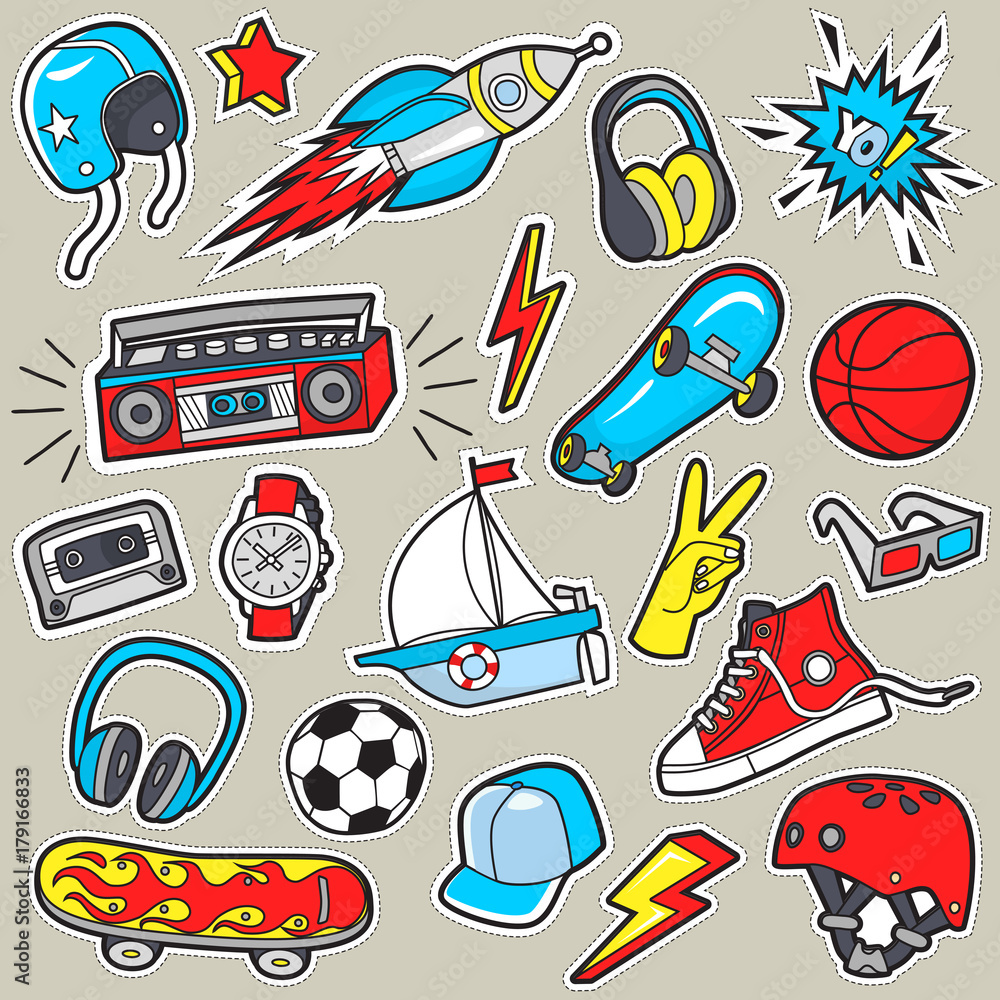 Boy's stickers . Vector patches . Boy's stickers . Vector patches .