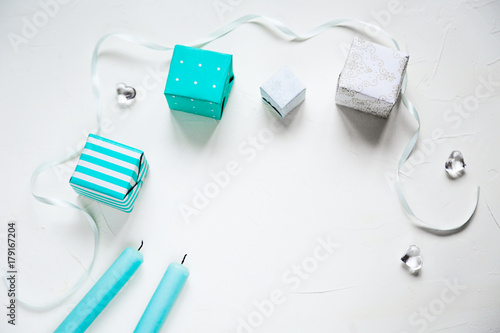 Shabby chic gift boxes, flat lay. Holiday concept.