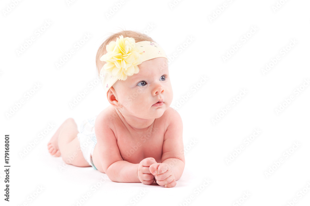 cute beauty little girl in white diaper and flower wrap cute beauty little girl in white diaper and flower wrap