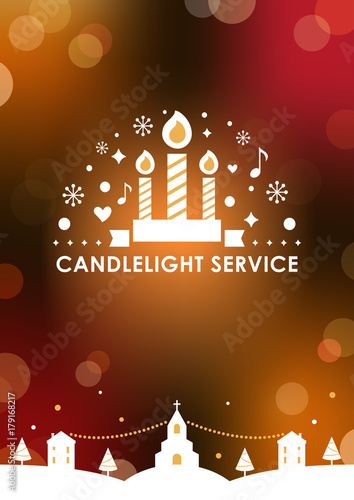 Christmas Eve Candlelight Service Invitation card Template. Blurry Bokeh Background. Vector Design