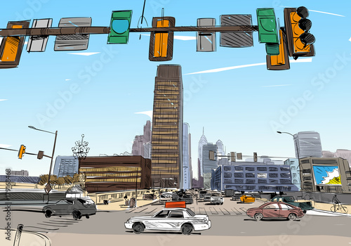 Philadelphia. Pennsylvania. USA. Hand drawn.Unusual Street sketch, vector illustration