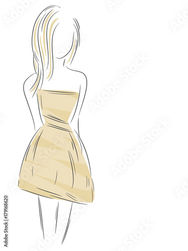 Silhouette of a woman wearing party dress, hand drawn.