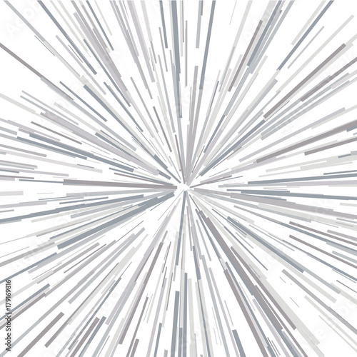 Radiating from the center of thin beams, lines. Vector illustration. Y Gray, silver color. Abstract explosion, speed motion