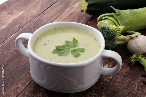 bowl of broccoli cream soup isolated on white background.