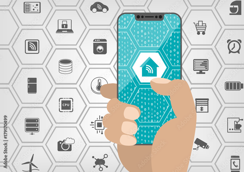 Smart home automation concept with house symbol displayed on frameless touchscreen of modern bezel free smartphone with various icons of connected home devices. Smart home automation concept with house symbol displayed on frameless touchscreen of modern bezel free smartphone with various icons of connected home devices.