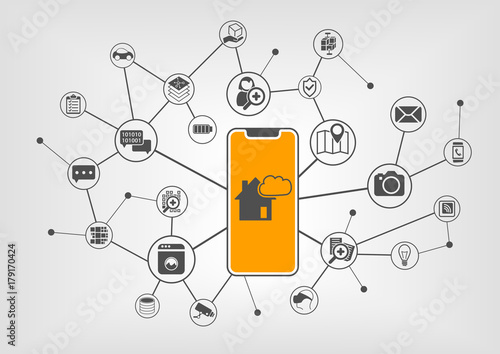 Smart home automation concept with house symbol displayed on frameless touchscreen of modern bezel free smartphone with various icons of connected home devices.