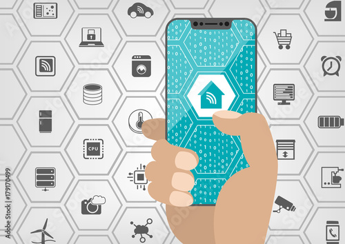 Smart home automation concept with house symbol displayed on frameless touchscreen of modern bezel free smartphone with various icons of connected home devices.