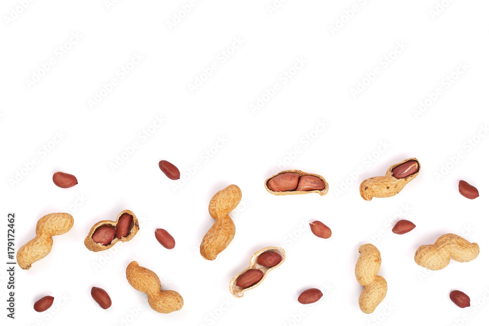 Peanuts with shells isolated on white background with copy space for your text, top view. Flat lay pattern Peanuts with shells isolated on white background with copy space for your text, top view. Flat lay pattern