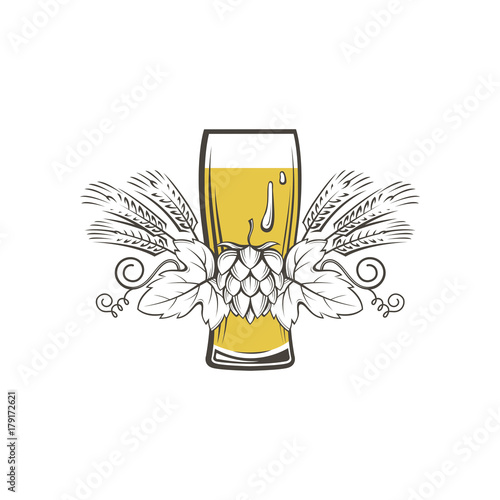 illustration of beer glass, hops and barley ears