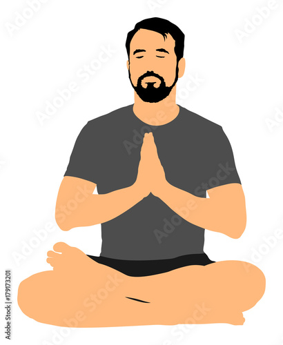 Young attractive man practicing yoga, sitting in Padmasana, exercise, Lotus pose, Namaste. Prayer pose. Man exercises yoga, sitting pose vector.