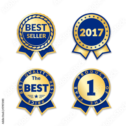 Blue ribbon awards best seller of year 2017 set. Gold ribbon award icons isolated white background. Best product golden label for prize, badge, medal, guarantee quality product Vector illustration
