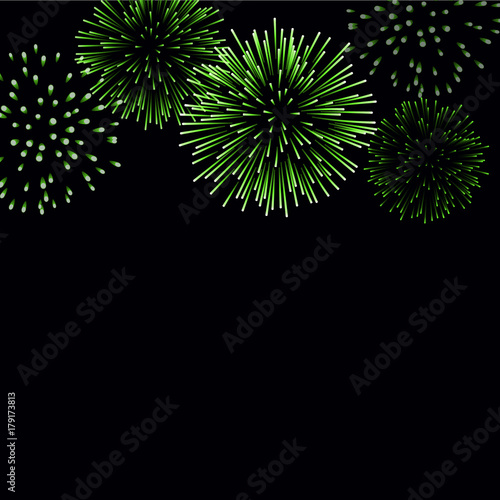 Firework sparkle background card. Beautiful bright fireworks isolated on black background. Light green decoration fireworks for Christmas card, New Year celebration Vector illustration
