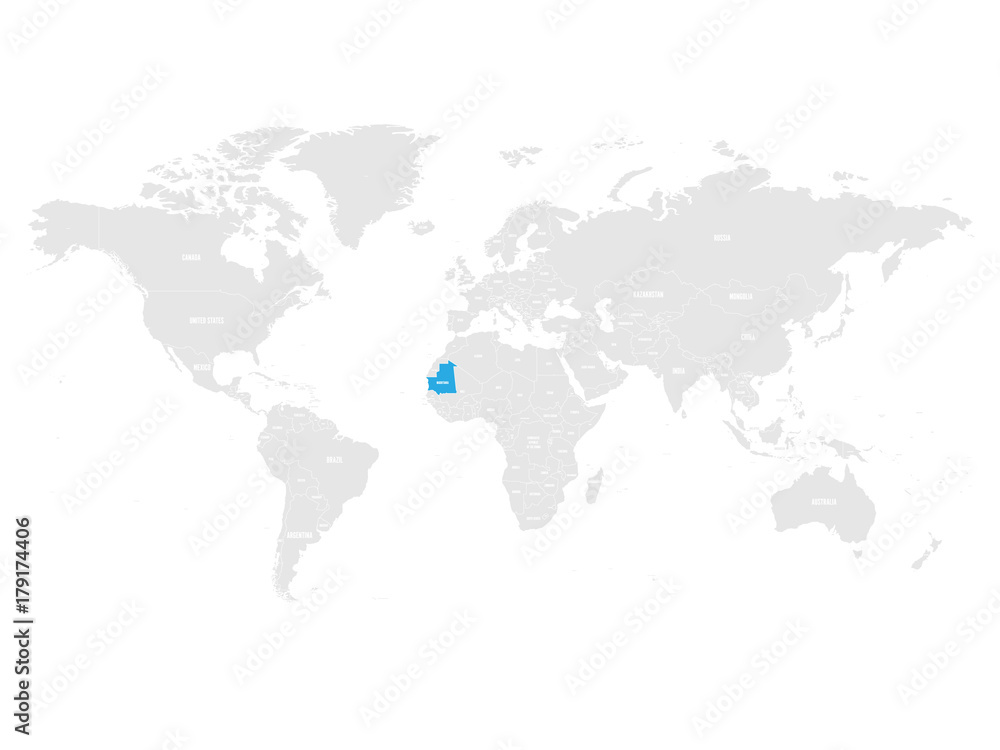 Mauritania marked by blue in grey World political map. Vector illustration.