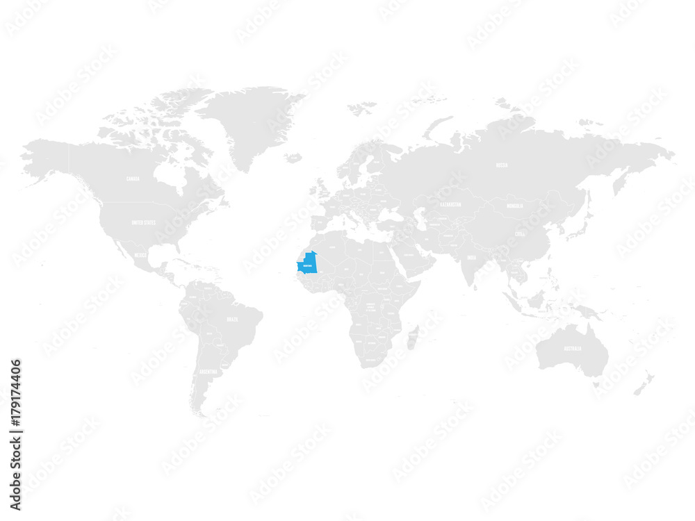 Mauritania marked by blue in grey World political map. Vector illustration. Mauritania marked by blue in grey World political map. Vector illustration.