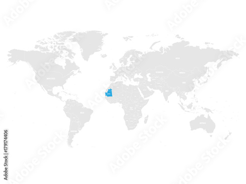 Mauritania marked by blue in grey World political map. Vector illustration.