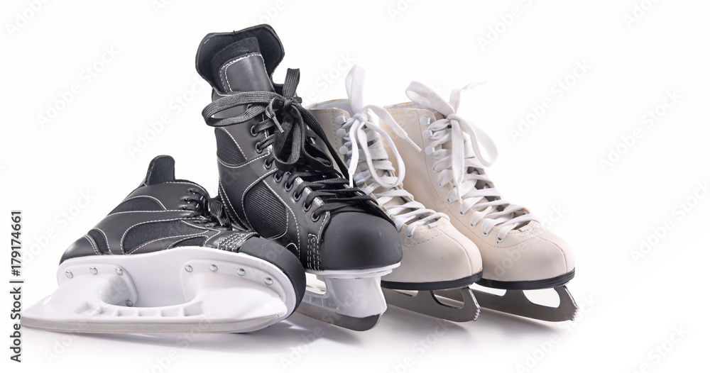 Ice hockey skates and figure skates isolated on white Stock-Foto