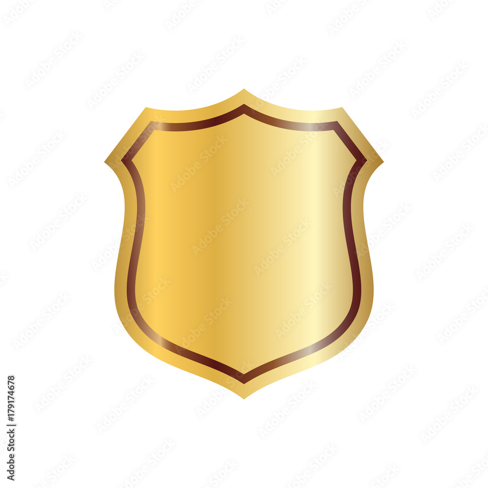 Gold shield shape icon. 3D golden emblem sign isolated on white background. Symbol of security, power, protection. Badge shape shield graphic design Vector illustration Gold shield shape icon. 3D golden emblem sign isolated on white background. Symbol of security, power, protection. Badge shape shield graphic design Vector illustration