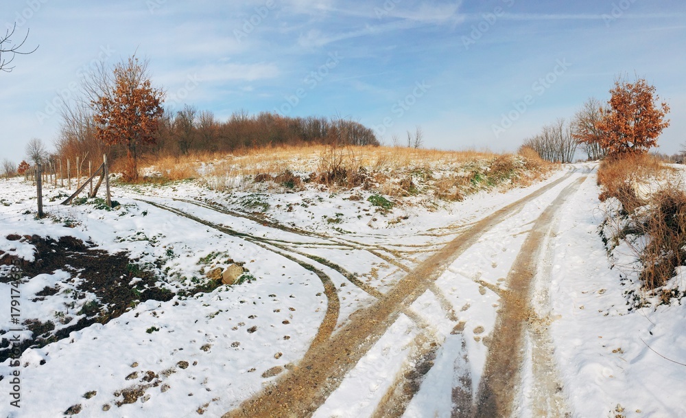 Muddy road passing through country side Muddy road passing through country side
