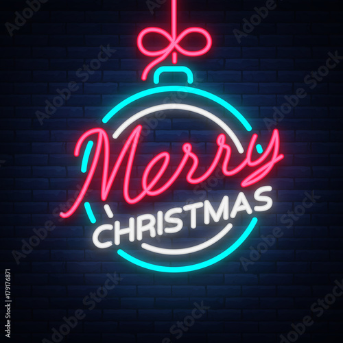 Merry christmas and a happy new year. Greeting card or invitation pattern in neon style. Neon luminous signboard, bright luminous banner. Vector vintage illustration