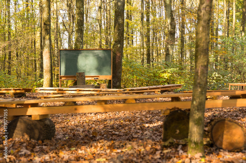 outdoor class room in forest with chalk board and wooden benches for students on tree logs with trees as backdrop