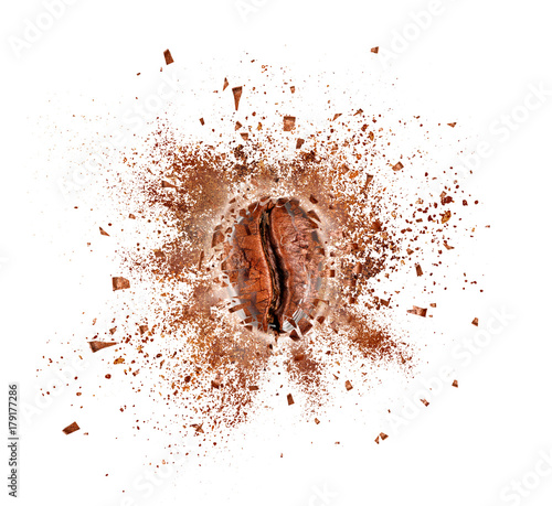 Explosion of coffee bean with hot steam, isolated on white background