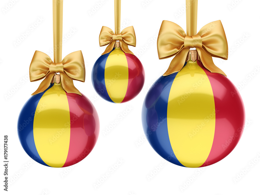 3D rendering Christmas ball with the flag of Romania 3D rendering Christmas ball with the flag of Romania