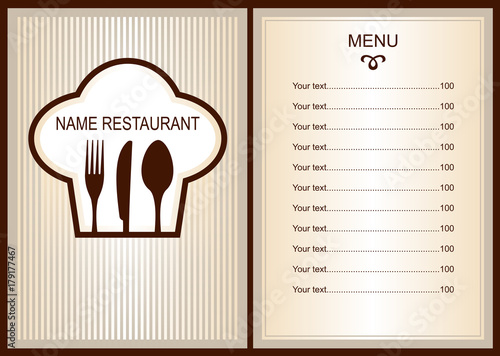 Menu design with spoon, fork, knife. Brochure template for restaurant. Vector image.