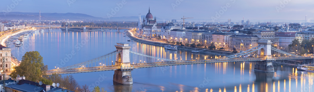 morning twilight panorama in Budapest with light