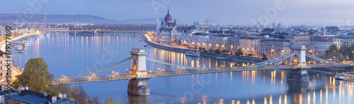 morning twilight panorama in Budapest with light