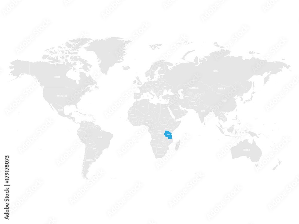 Tanzania marked by blue in grey World political map. Vector illustration.