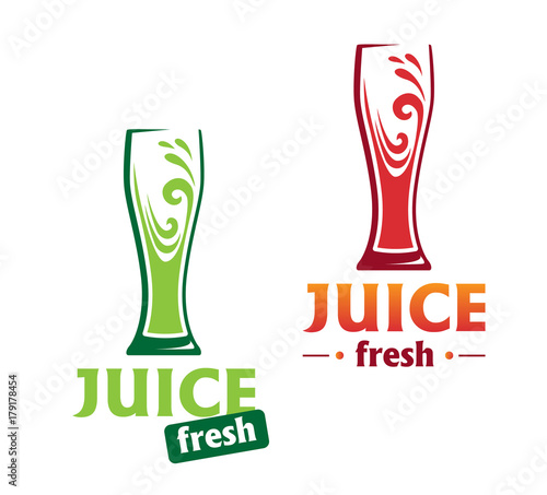 Red and green juice. Glasses with text - juice fresh. Symbol color glass flat style. Logo juice.