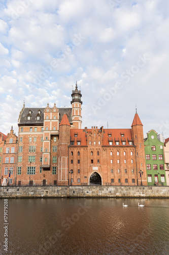View of old buildings along the Long Bridge waterfront at the Main Town in Gdansk, Poland, in the daytime. Copy space.