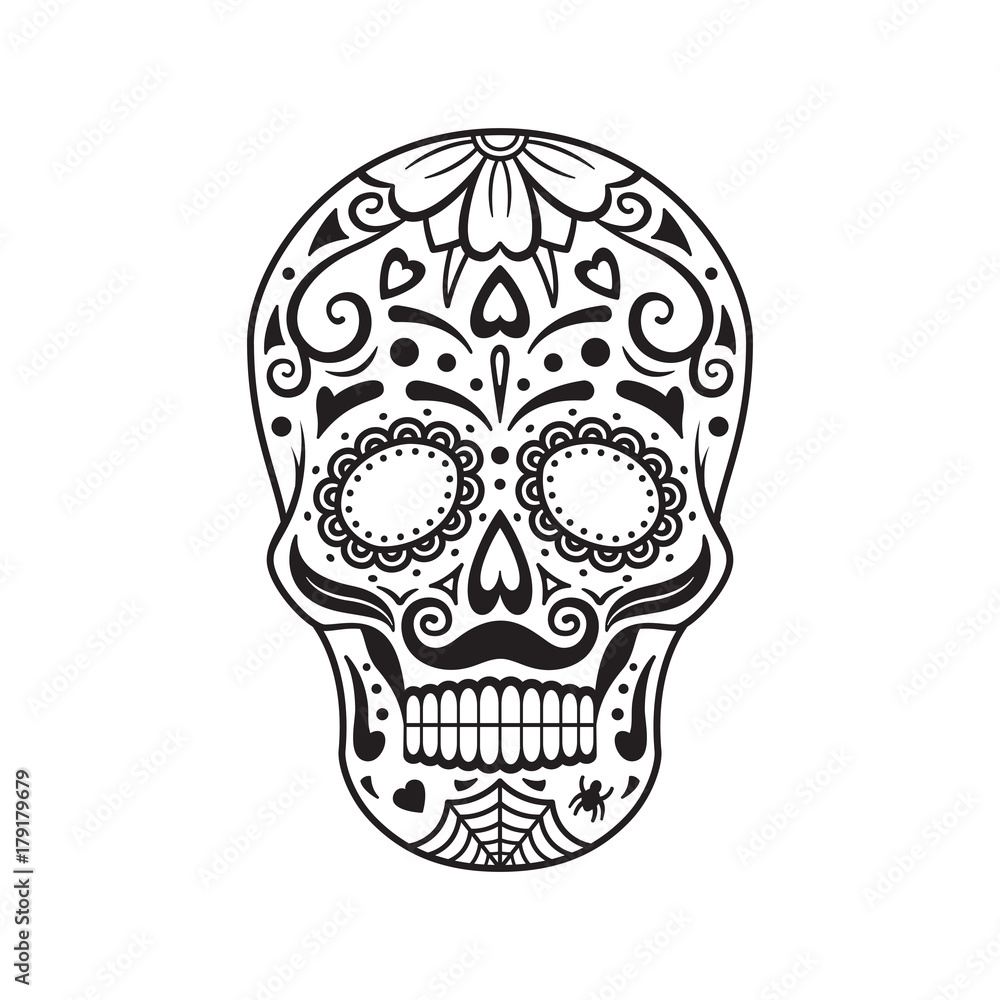 Sugar skull. Black tattoo. Mexican Day of the Dead. Vector illustration. Sugar skull. Black tattoo. Mexican Day of the Dead. Vector illustration.