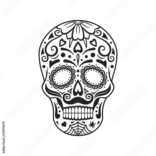Sugar skull. Black tattoo. Mexican Day of the Dead. Vector illustration.