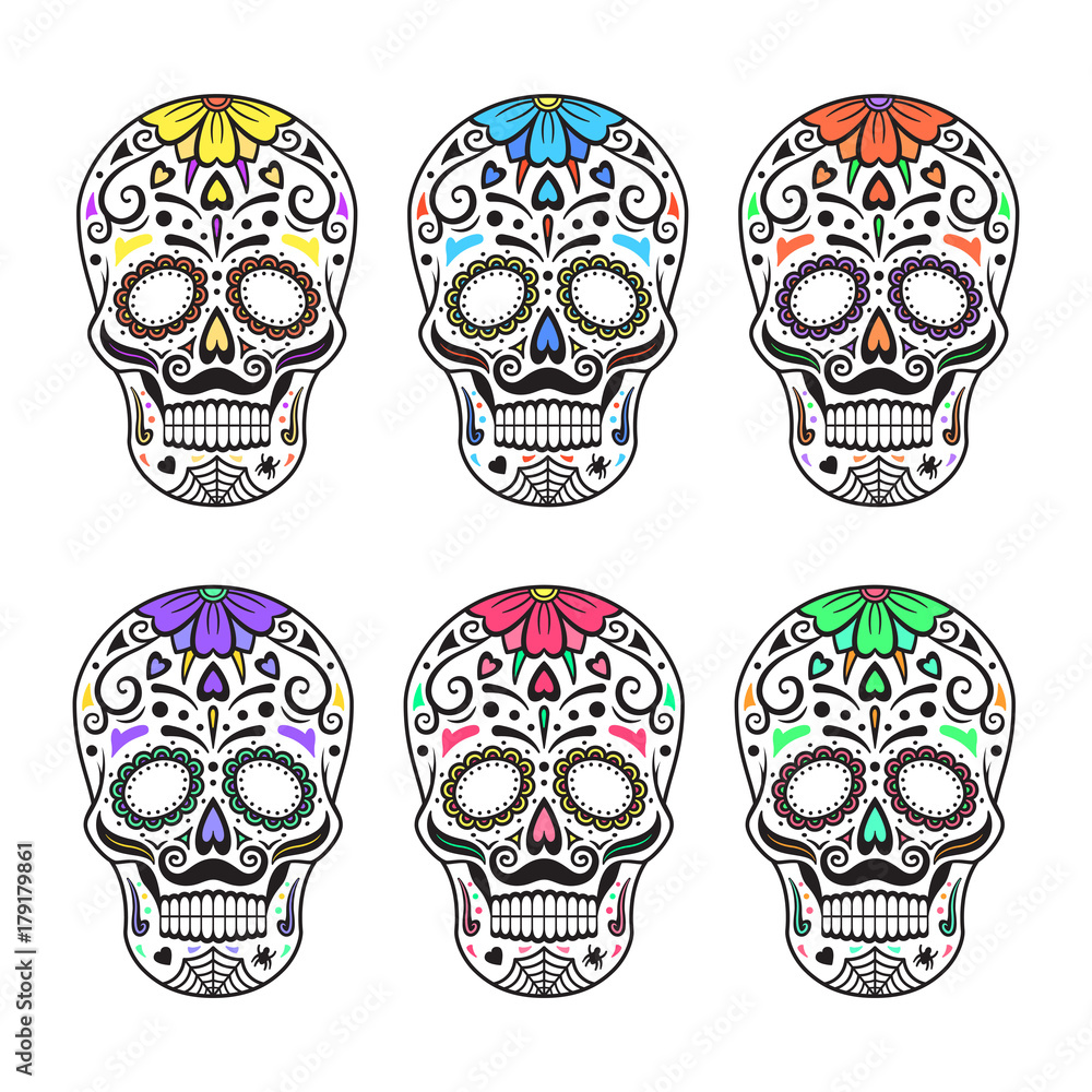 Sugar skulls. Colorful tattoos. Mexican Day of the Dead. Vector illustration.