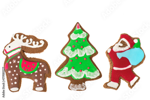 Homemade ginger christmas gingerbread on white background