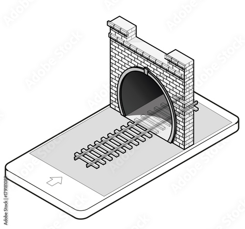 Outlined vector low poly stone tunnel with railway in mobile phone, isometric perspective. Old stone gray circular tunnel in communication technology. Isolated railroad illustration, white background.