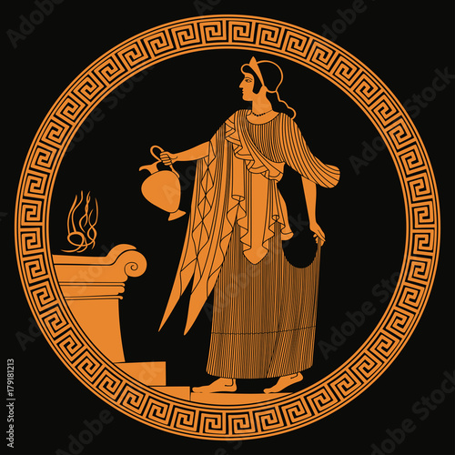 Ancient Greek goddess Aphrodite with a pitcher in her hands. Drawing on the vase on a black background.