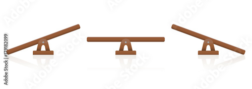 Seesaw or wooden balance scale set of three items - balanced and unbalanced, equal and unequal weightiness - isolated vector illustration on white background. photo