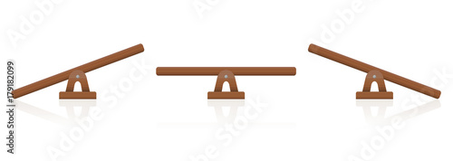 Seesaw or wooden balance scale set of three items - balanced and unbalanced, equal and unequal weightiness - isolated vector illustration on white background.