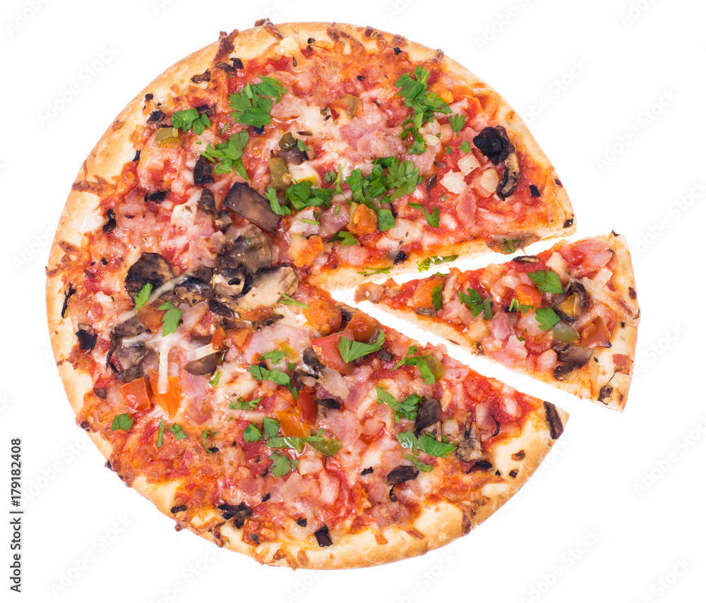 Pizza with mushrooms and bacon on white background Pizza with mushrooms and bacon on white background