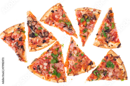 Pizza with mushrooms and bacon on  white background