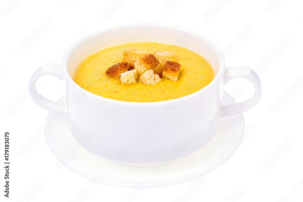 Tasty pumpkin puree soup in white soup tureen Tasty pumpkin puree soup in white soup tureen