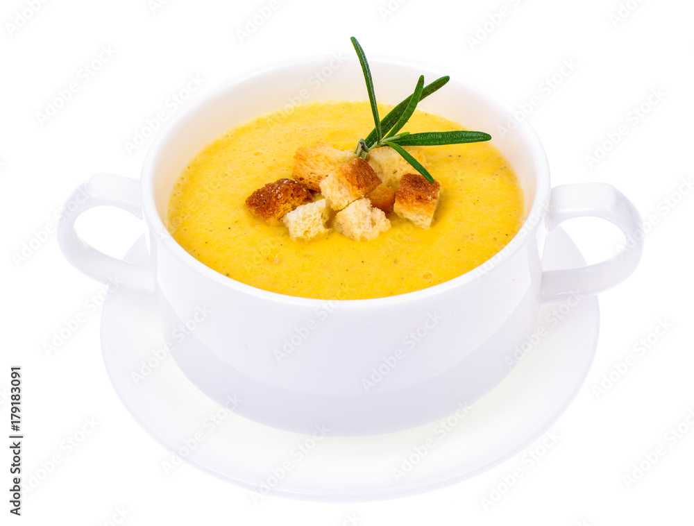 Tasty pumpkin puree soup in white soup tureen Tasty pumpkin puree soup in white soup tureen