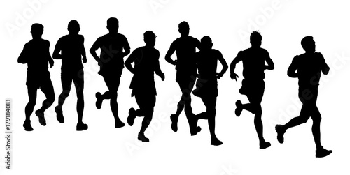 Group of marathon racers running. Marathon people vector silhouette illustration. Healthy lifestyle women and man. Traditional sport race. Urban runners on the street. Team building concept. 