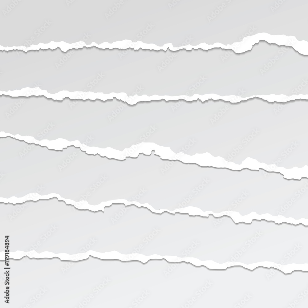Vector set of torn paper lines on grey background.