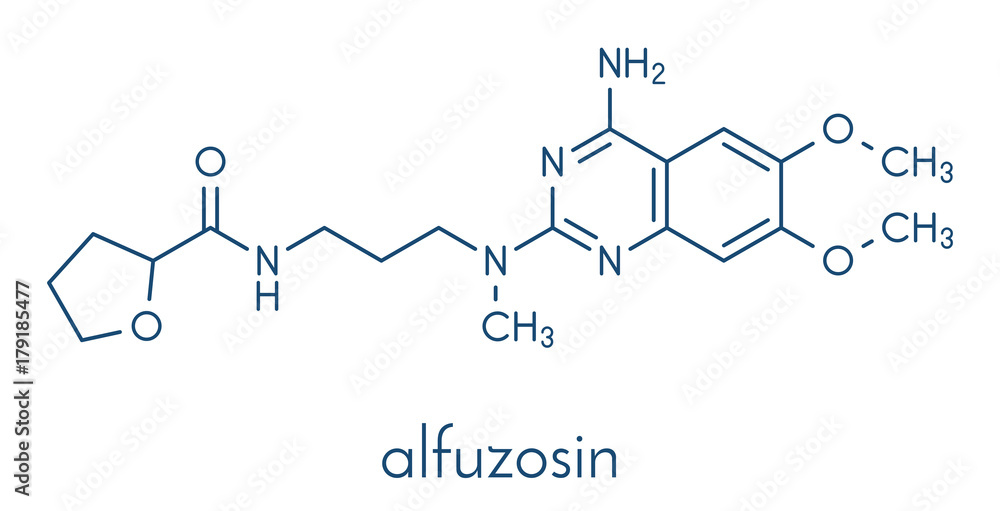 Obraz premium Alfuzosin benign prostate hyperplasia (BPH) drug molecule. Skeletal formula.